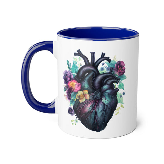 Blue floral heart 11 0z two tone ceramic mug